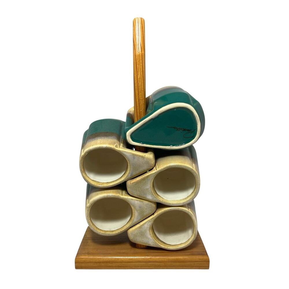 Rodolfo Padilla Drip Glaze Coffee 5 Mug Set & Stand Vintage Green Blue Rare